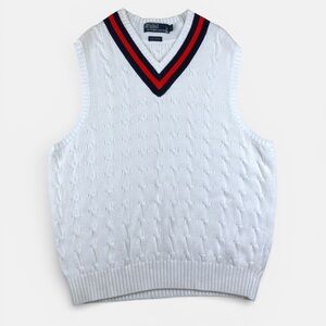 Polo Ralph Lauren White V-Neck Cable Knit Sweater Vest Large